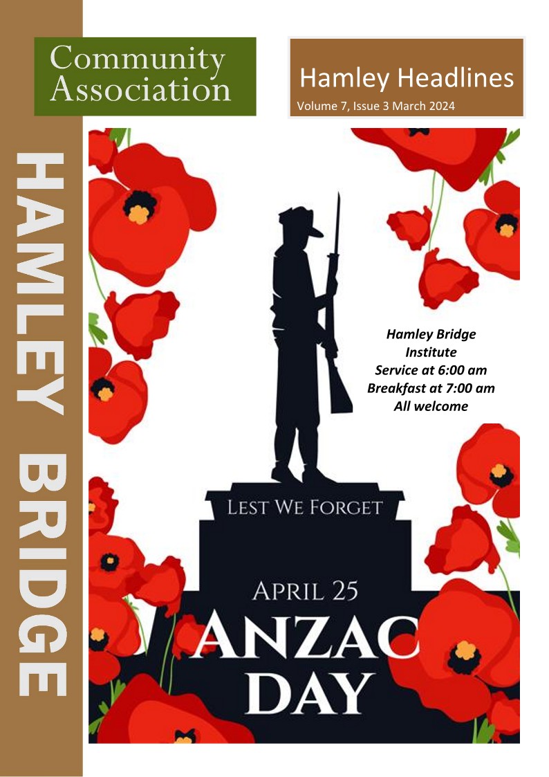 Hamley Bridge Anzac day commemoration poster with silhouette of soldier and poppies.