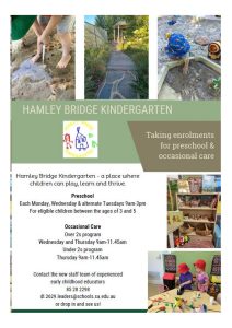 Hamley Bridge A promotional flyer for hamley bridge kindergarten featuring photos of children engaged in outdoor activities and providing enrollment and contact information for preschool education services.