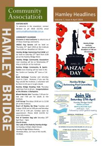 Hamley Bridge Flyer for hamley bridge community association with events calendar, details about anzac day services, swimming pool offer, and contact information.