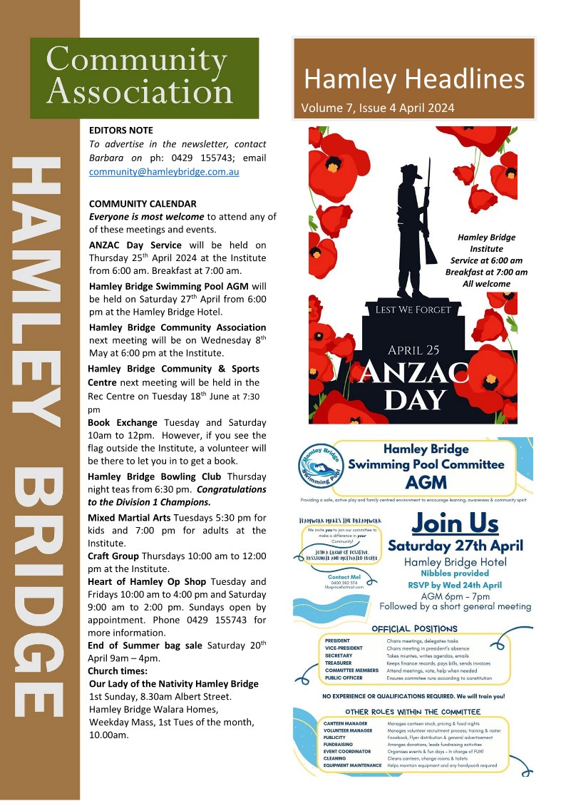 Hamley Bridge Flyer for hamley bridge community association with events calendar, details about anzac day services, swimming pool offer, and contact information.