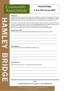 Hamley Bridge A document titled "hamley bridge community association 5 year plan survey 2024," outlining objectives for managing the region and inviting community feedback with a contact email provided.