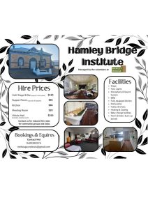 Hamley Bridge Promotional flyer for hamley bridge institute featuring building photo, interior images, rental prices, facility details, and contact information.