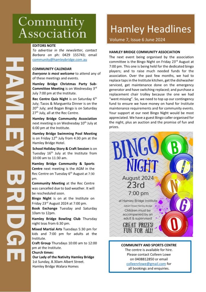 Hamley Bridge Newsletter page for Hamley Bridge Community Association titled "Hamley Headlines" covering upcoming events, community updates, and contact information.