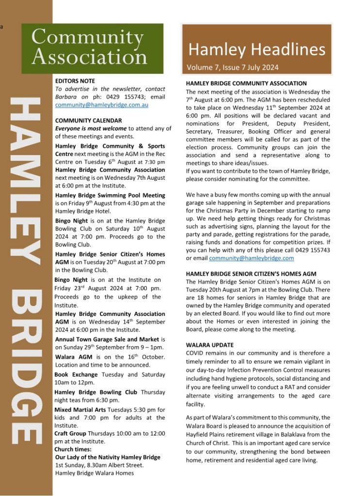 Hamley Bridge Community Association newsletter featuring sections titled "Community Association," "Calendar," and "Hamley Headlines." It includes details about meetings, local events, and community announcements.