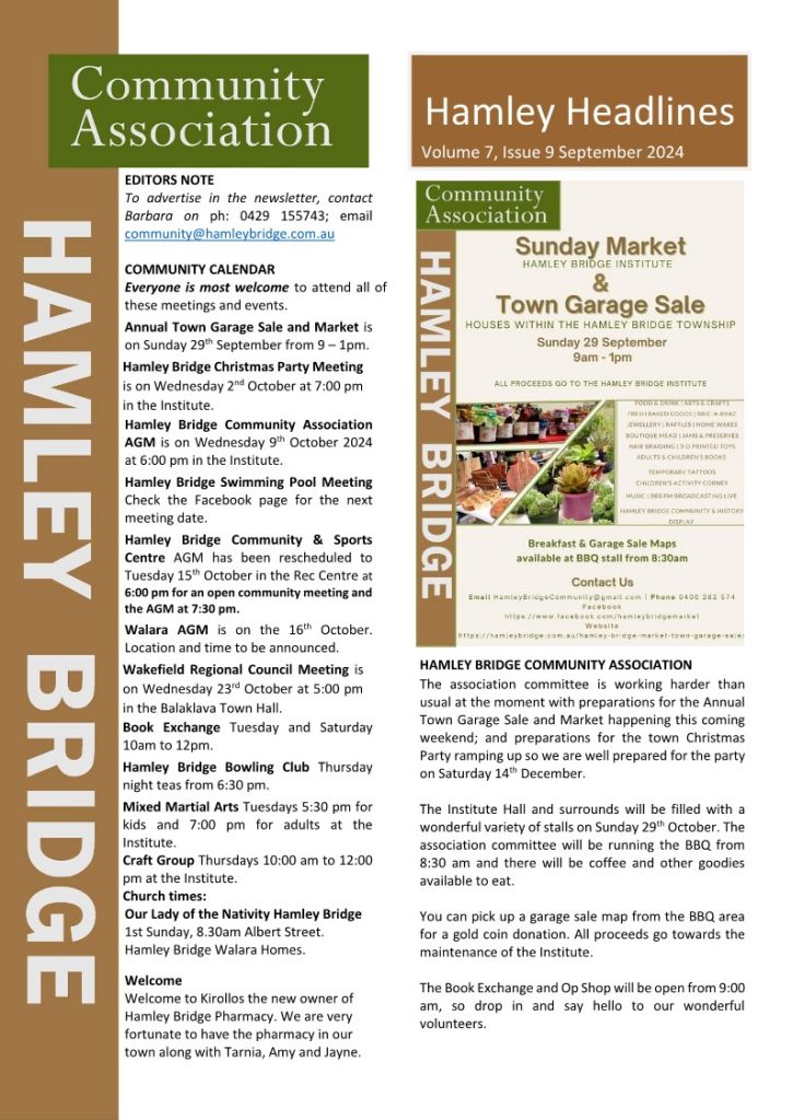 Hamley Bridge Flyer for Hamley Bridge Community Association's "Hamley Headlines" newsletter, Volume 7, Issue 9, September 2024, detailing community events, including a town garage sale and AFL Grand Final BBQ screening.