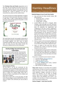 Hamley Bridge A newsletter titled "Hamley Headlines" dated 9 September 2024 with information about a Christmas Party, community board member update, Heart of Hamley Shop, editorial corrections, and contact details.