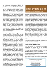 Hamley Bridge Page of a newsletter titled "Hamley Headlines Volume 7, Issue 9 September 2024," containing articles on innovation, progress updates on various projects, and a segment about sports and community center activities.