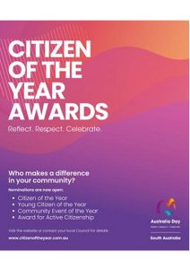 Hamley Bridge Citizen of the Year Awards poster detailing categories: Citizen of the Year, Young Citizen of the Year, Community Event of the Year, and Award for Active Citizenship. Includes Australia Day logo.