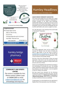 Hamley Bridge A newsletter page featuring notices for a Christmas party, farm produce, a pharmacy, a car service, and a community sports center.